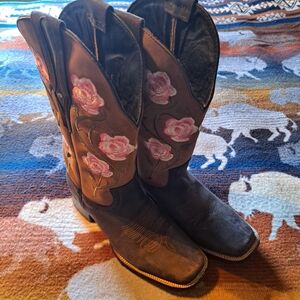 Brown Cowboy Boots with Pink Floral Embroidery